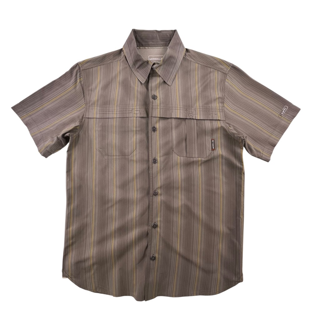 Merrell Mens Opti-Wick UPF 50+ Short Sleeve Button Up Shirt Brown Striped Small